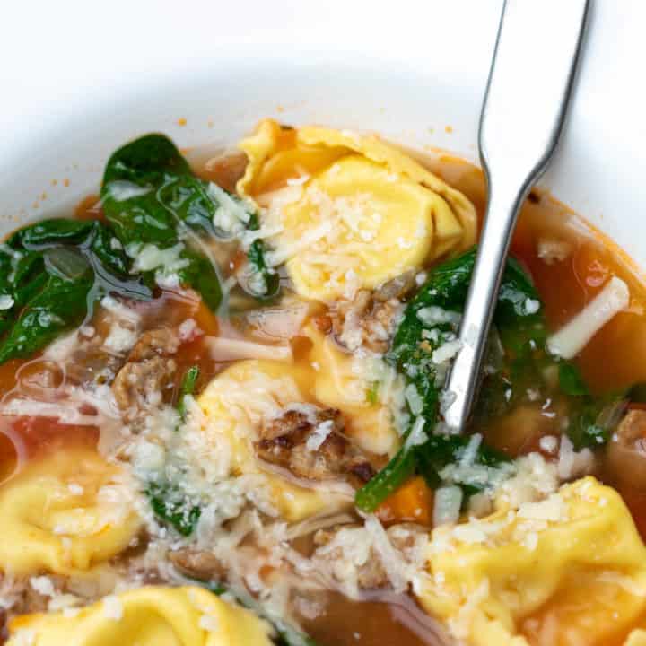 close up of tuscan tortellini soup