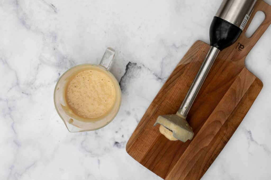 miso-ginger dressing and immersion blender and cutting board