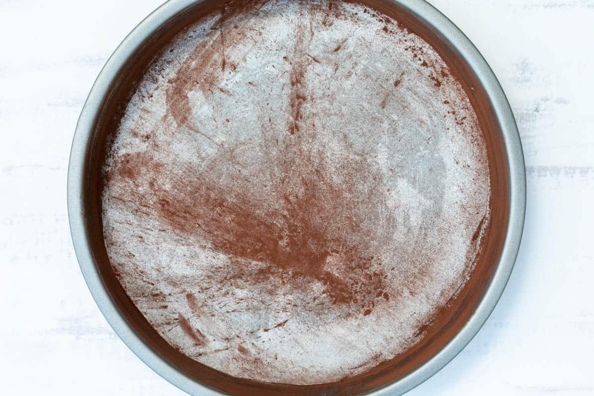 round 9-inch cake pan lined and coated with cocoa powder