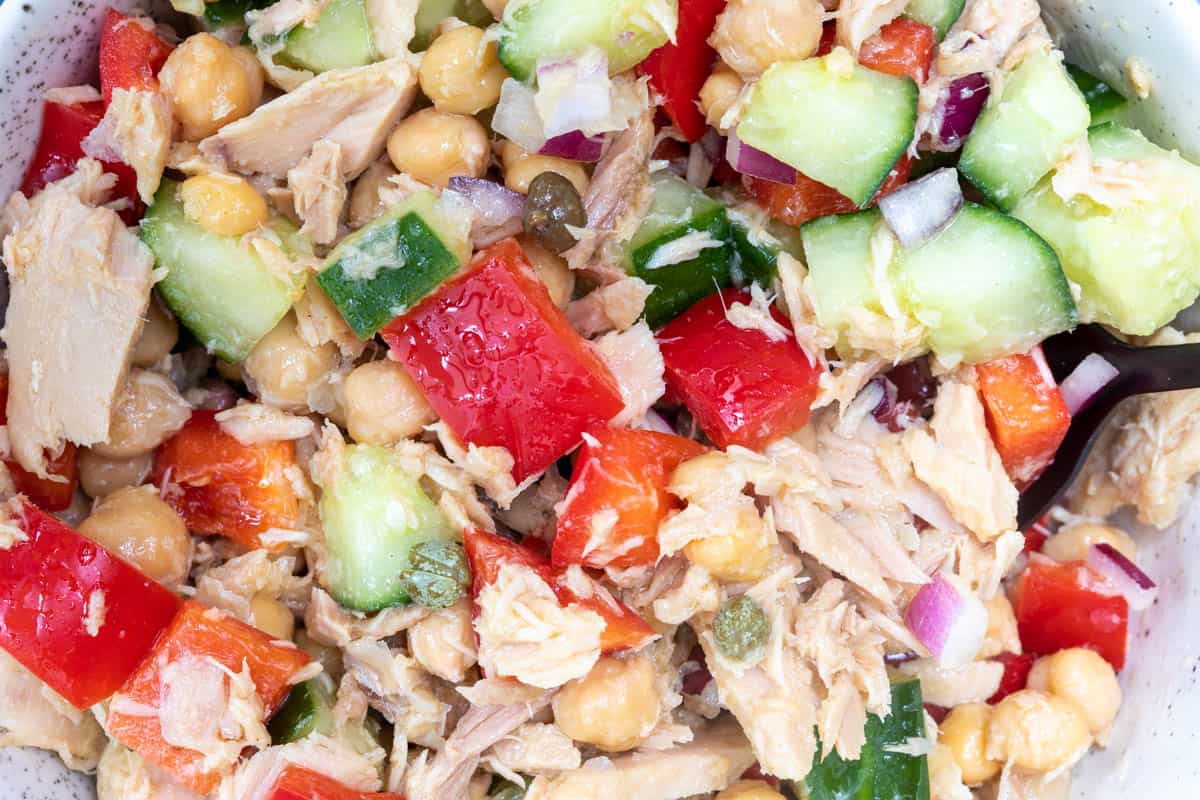 closeup of chickpea tuna salad