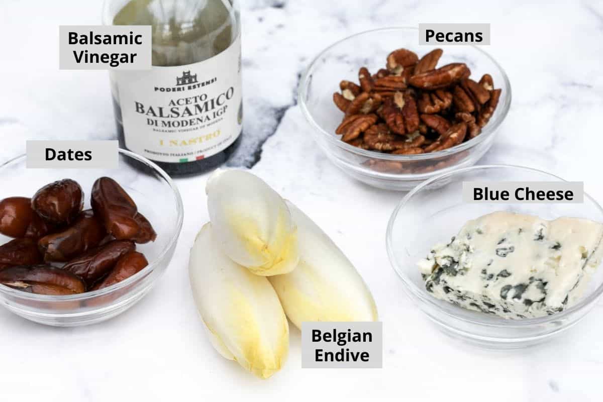 dates, balsamic vinegar, pecans, belgian endive, blue cheese