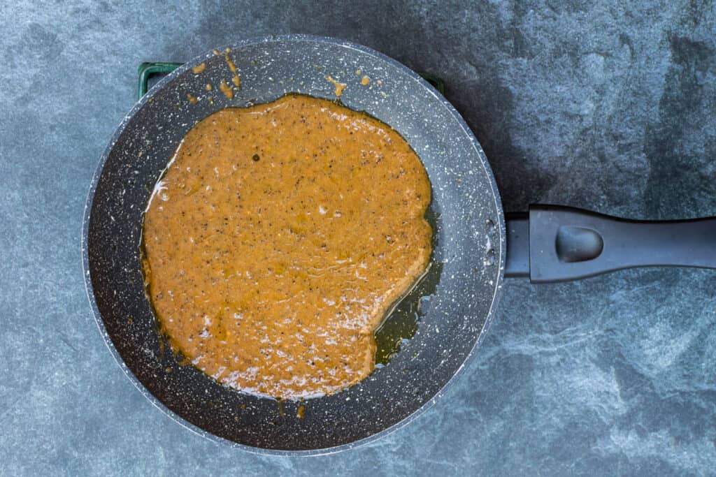 melted sugar, butter, and spices in skillet
