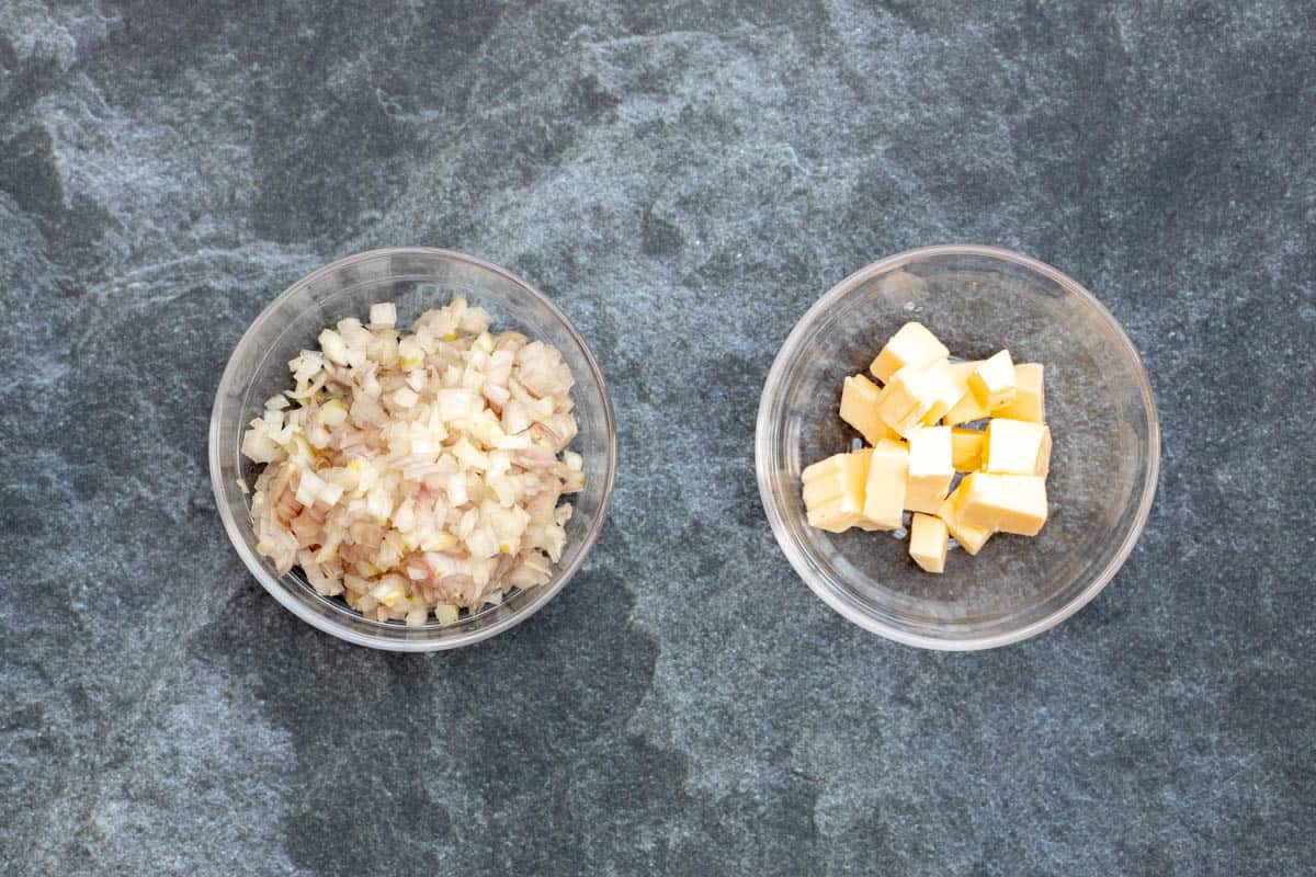 small bowls of chopped shallots and cubed butter