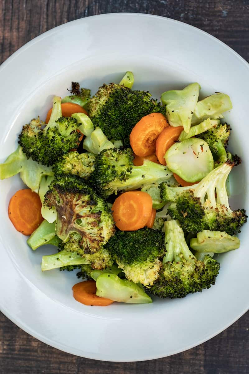 bowl of roasted broccoli and carrots