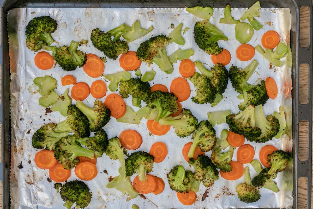 roasted broccoli and carrots on sheet pan