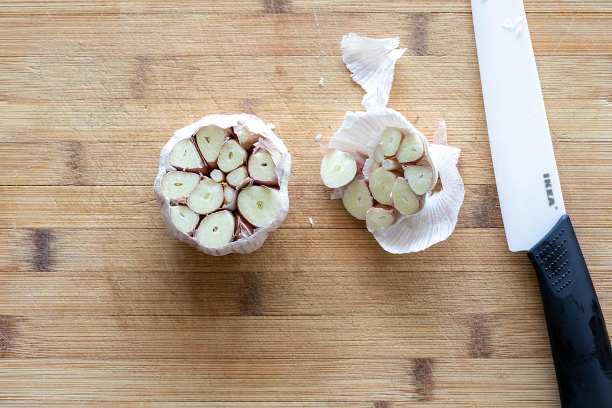 head of garlic with top quarter cut off