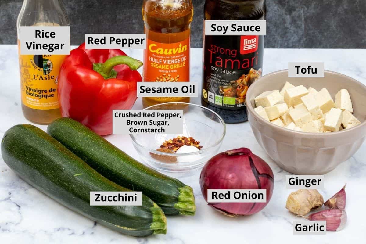 zucchini, red pepper, red onion, ginger, garlic, tofu and sauce ingredients
