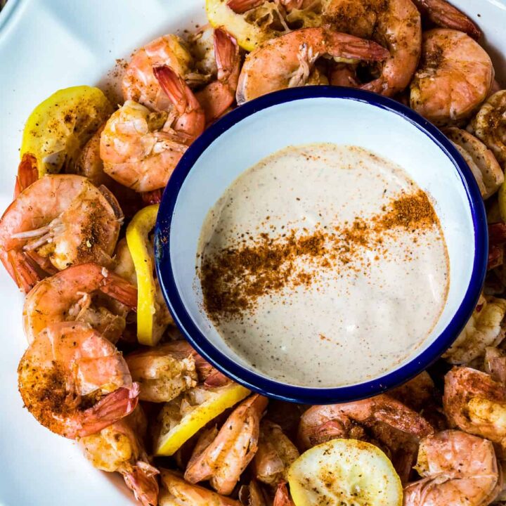 bowl with old bay shrimp and dipping sauce