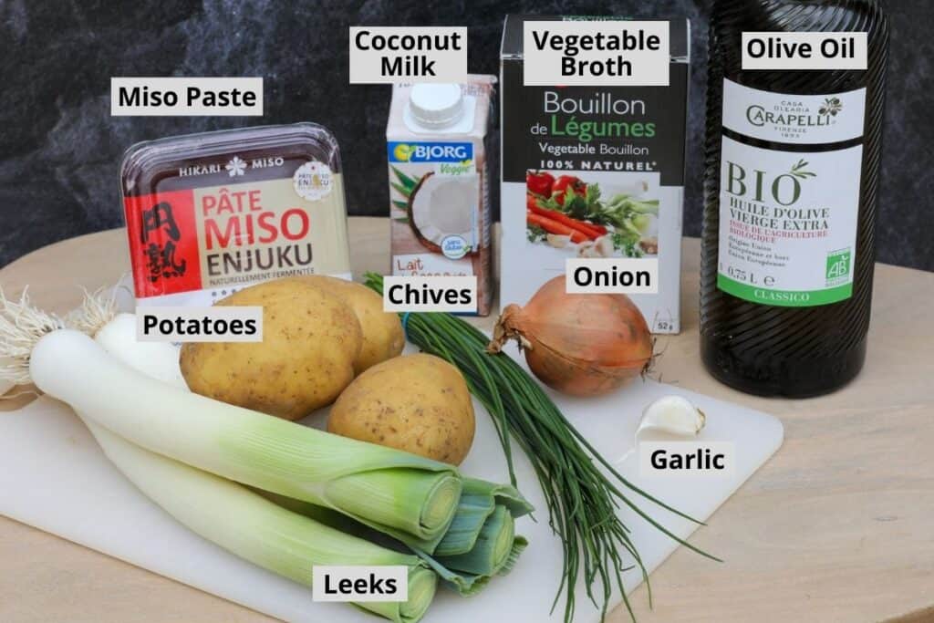 miso paste, potatoes, leeks, garlic, chives, onion, coconut milk, vegetable broth, olive oil