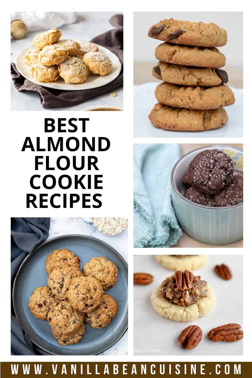 poster image of best almond flour cookie recipes with title and pictures of 5 different types of almond flour cookies