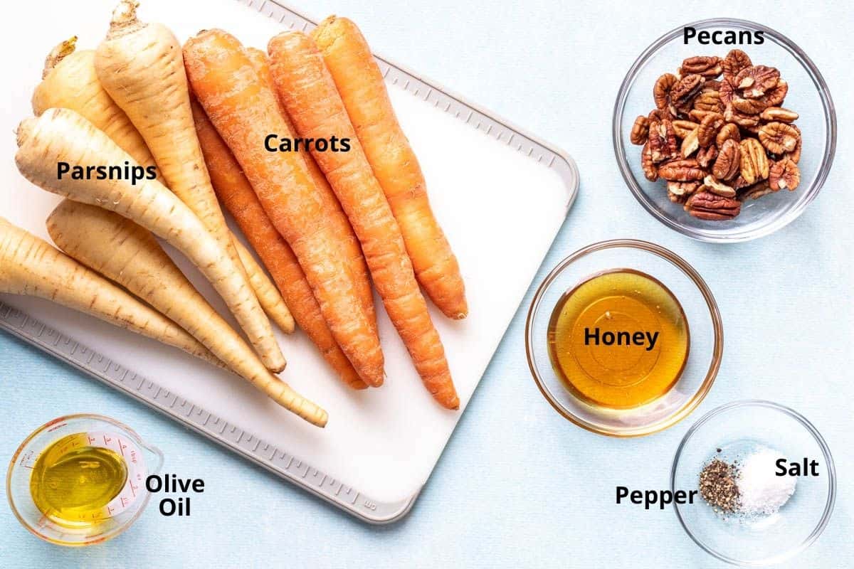 carrots, parsnips, honey, pecans, pepper, salt, olive oil
