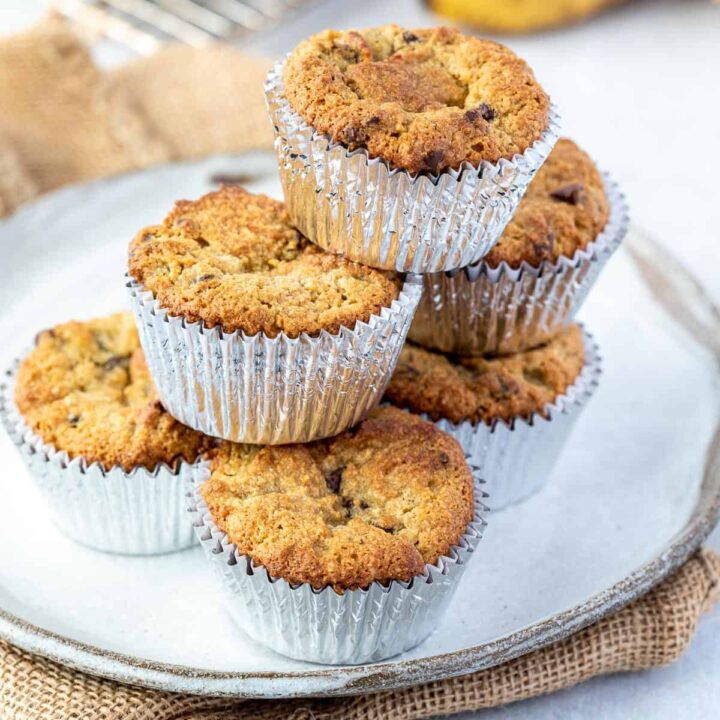 stack of banana muffins with almond flour on plate
