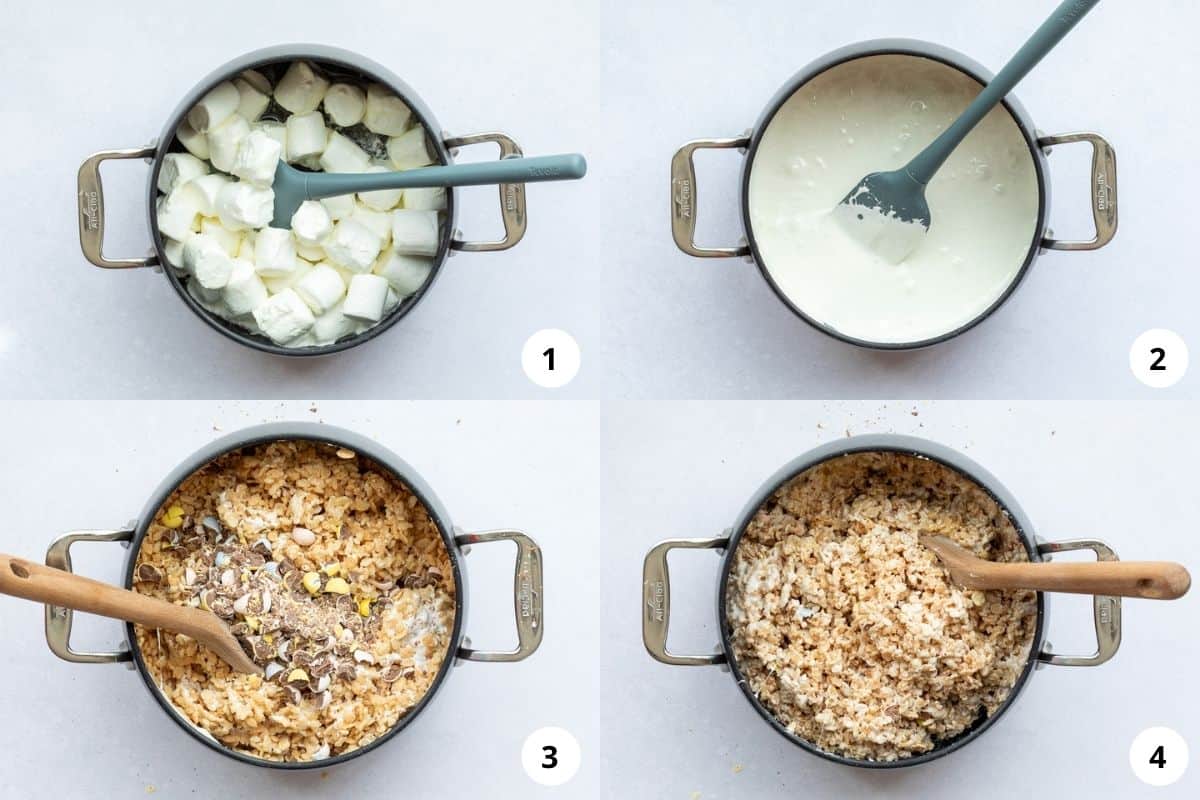 process shots for melting marshmallows and butter, then folding in Rice Krispies and mini eggs