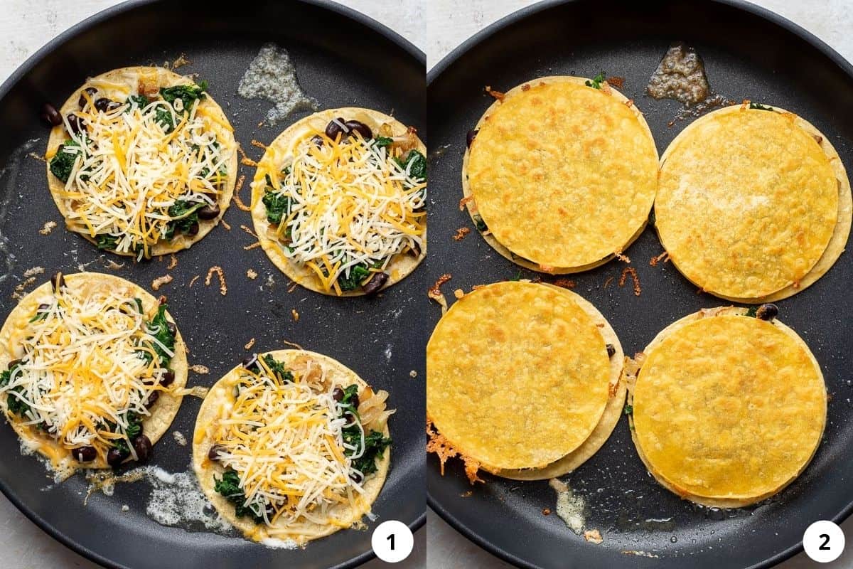 process shots showing corn tortillas with fillings on top, then after flipping in skillet