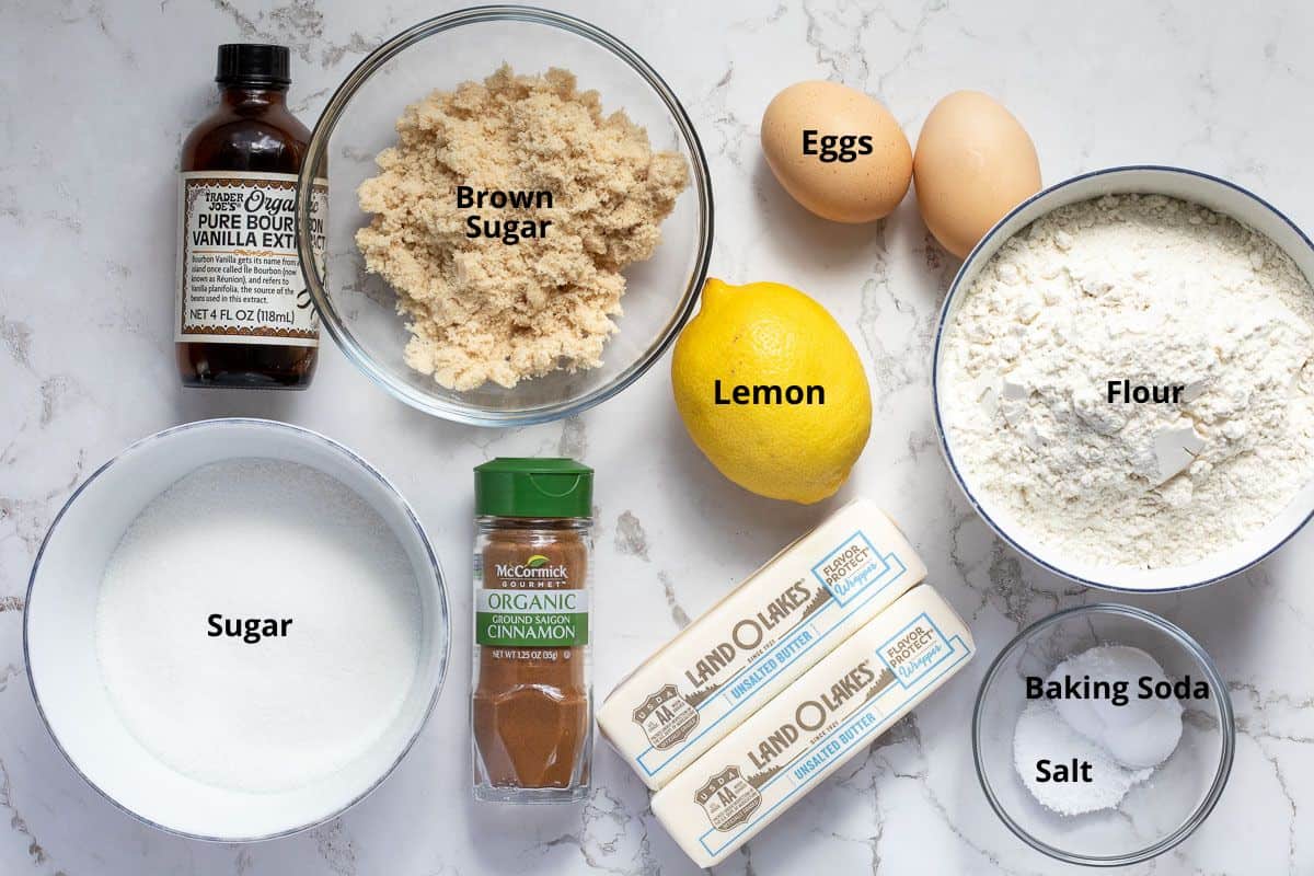 sugar, brown sugar, cinnamon, butter, baking soda, salt, flour, lemon, eggs, and vanilla extract