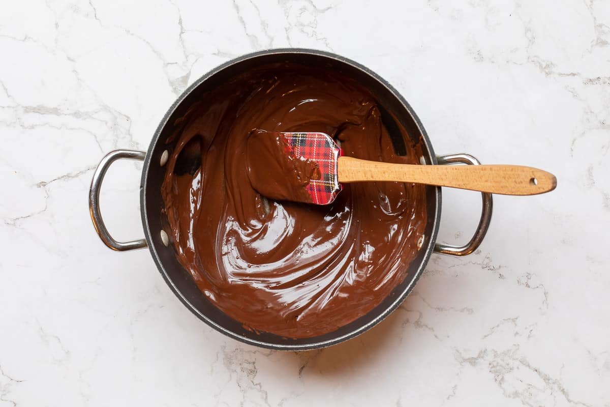 melted chocolate and butter in saucepan with spatula.