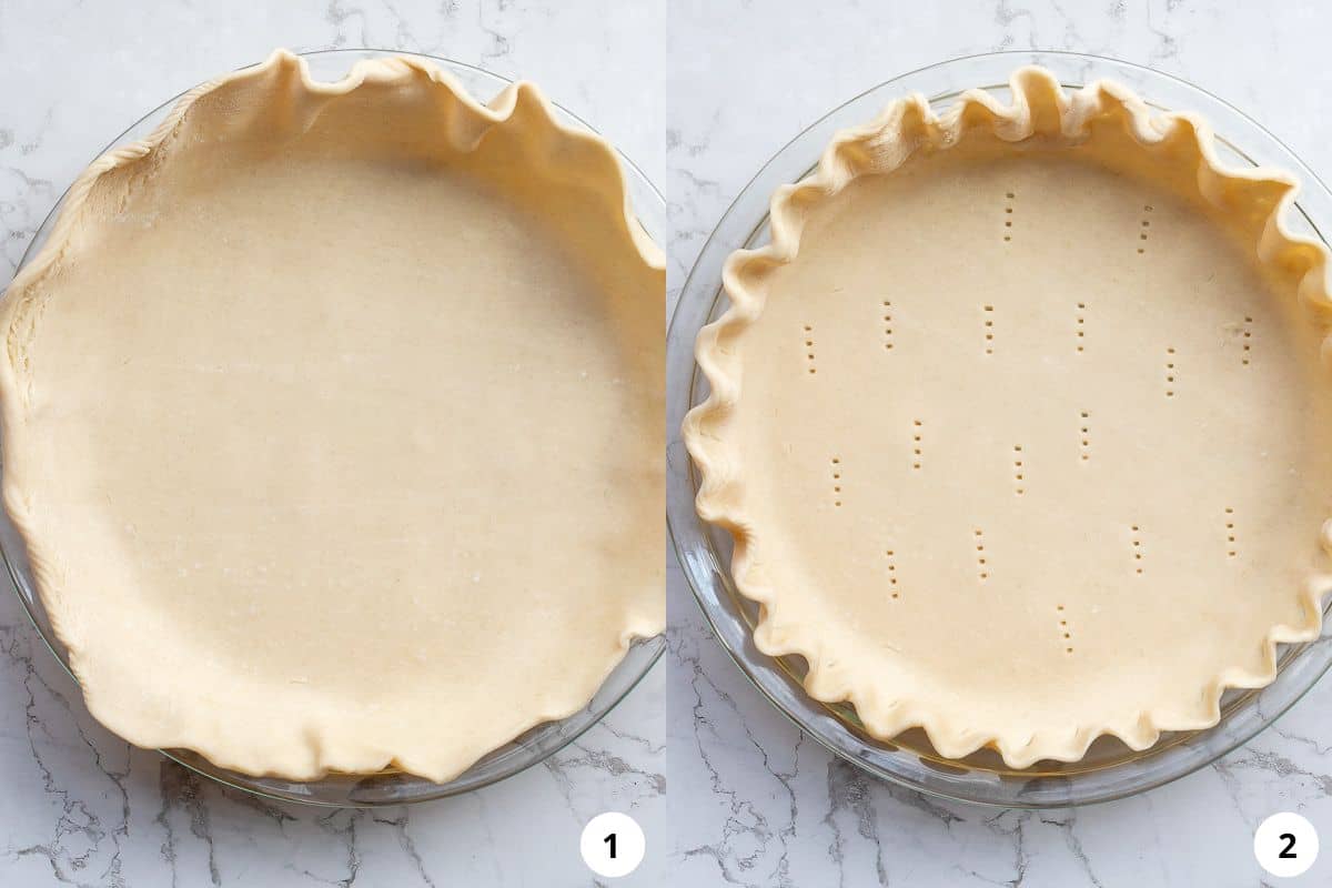 process shots of pie crust lining pie pan, then crimped pie crust with fork marks on the bottom.