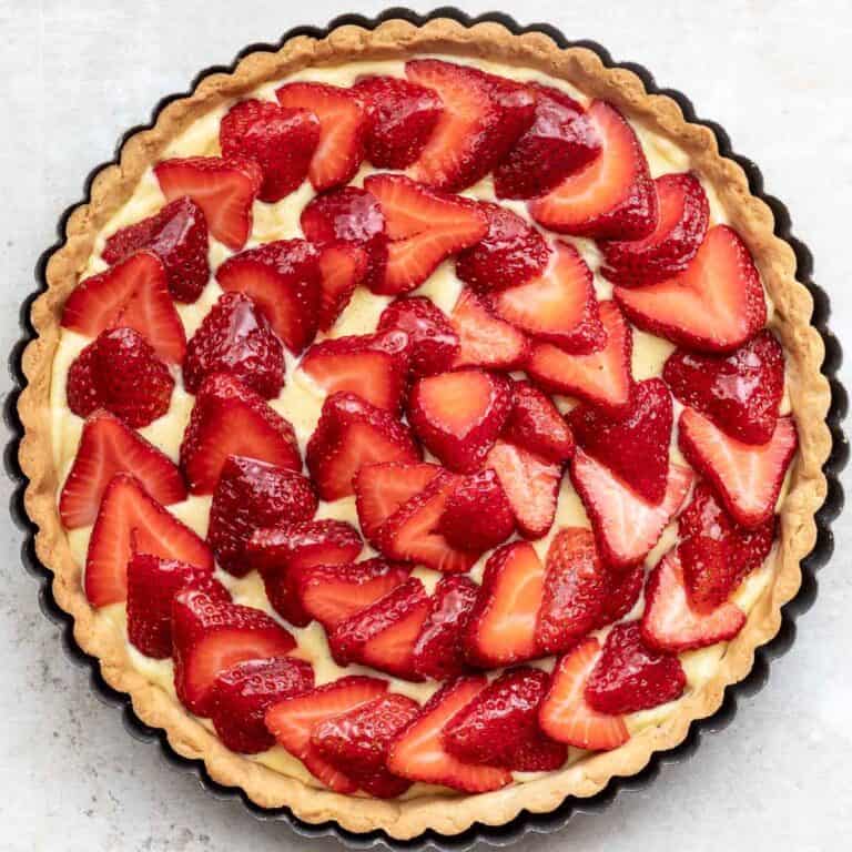 overhead view of tarte aux fraises (French strawberry tart).