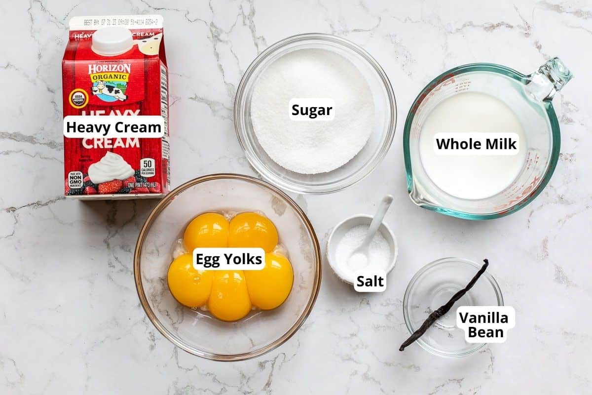 heavy cream, egg yolks, sugar, salt, whole milk, and vanilla bean.