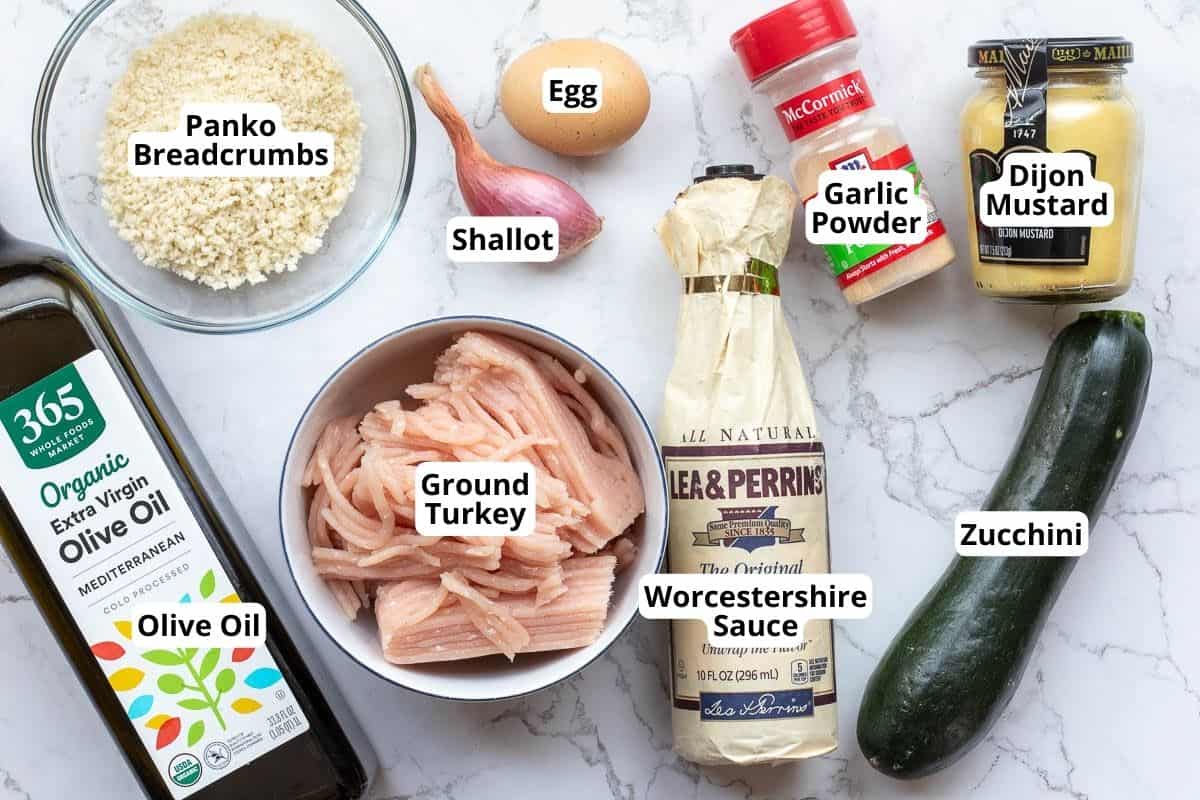 olive oil, ground turkey, panko breadcrumbs, shallot, egg, Worcestershire sauce, zucchini, garlic powder and dijon mustard.