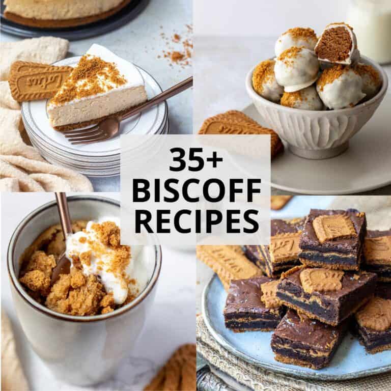 4 images of biscoff recipes with a square in the middle with the title "35+ Biscoff Recipes".