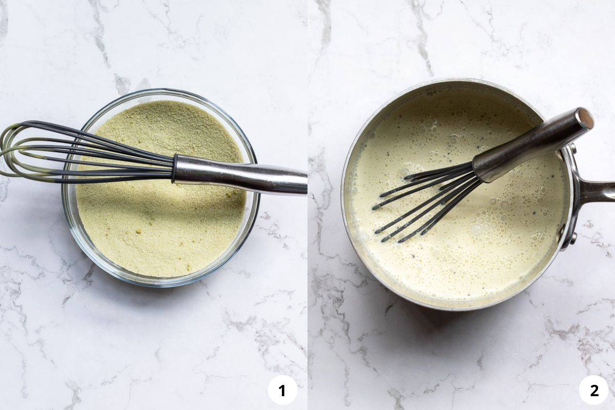 process shots showing small bowl with matcha powder whisked with sugar next and saucepan with cream, sugar, and whisk.