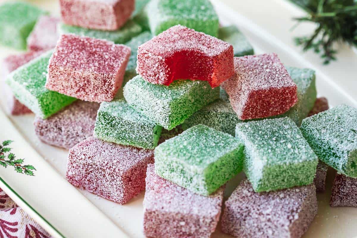 red and green Christmas gumdrops on a platter.