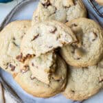 stack of snickers cookies on a plate.