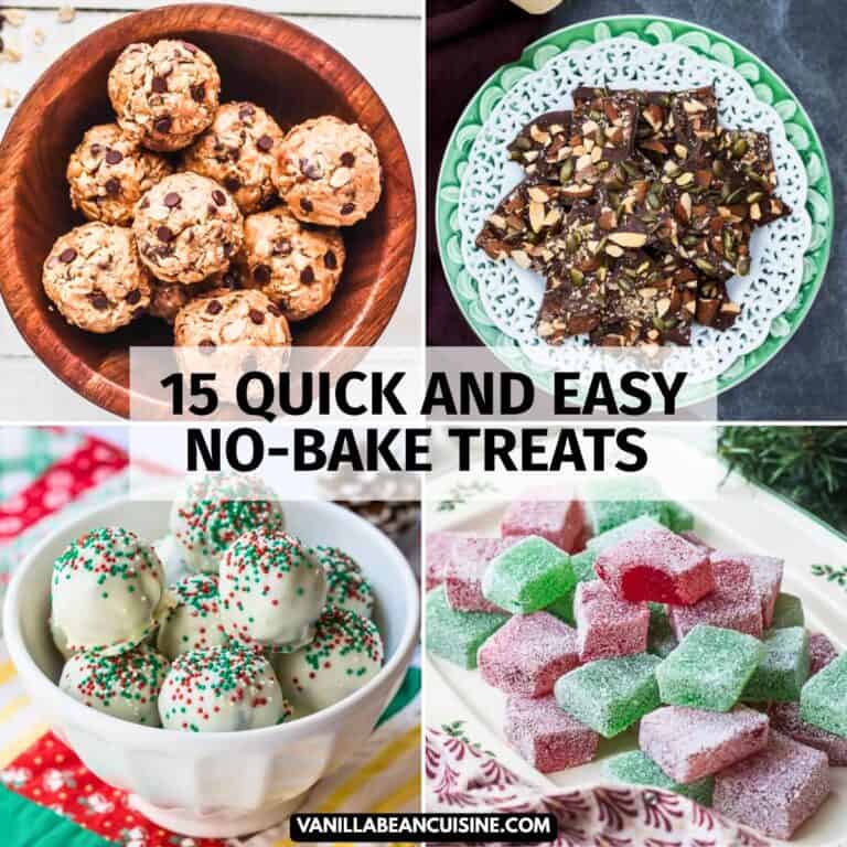 Four types of no-bake treats are arranged in separate sections: cookie balls, chocolate bark, sprinkle-coated truffles, and sugar-coated jellies. Perfect for easy holiday recipes or when you need quick desserts, these bites will satisfy any sweet craving. Text reads “15 Quick and Easy No-Bake Treats.”.
