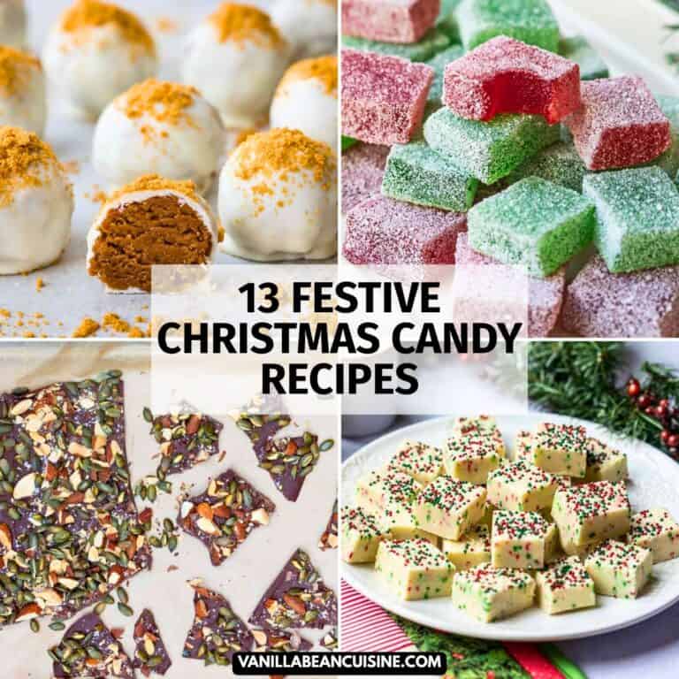 Four types of Christmas candies, including truffles, jelly squares, nut chocolate bark, and sprinkle fudge, are beautifully displayed around the text "13 Festive Christmas Candy Recipes," making it the perfect inspiration for festive holiday sweets and delightful holiday season desserts.