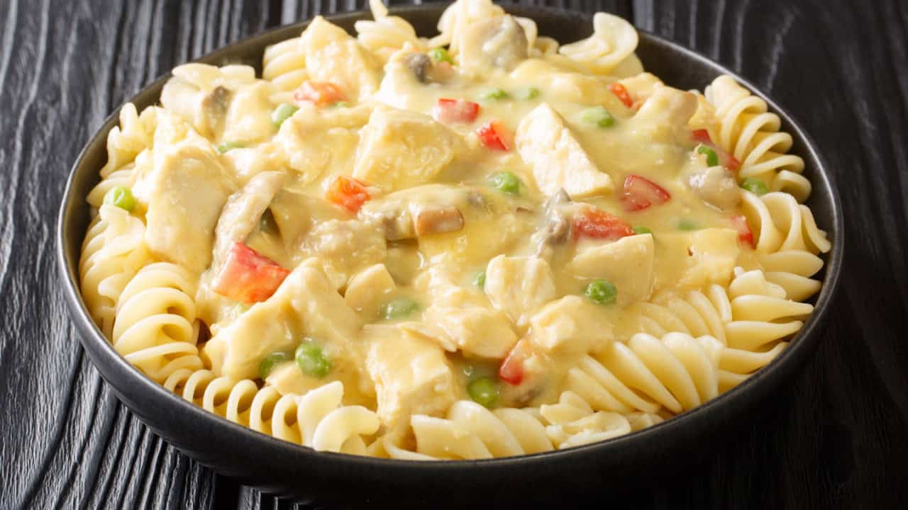 American food stewed chicken a la King in a creamy sauce with mushrooms served with pasta close-up in a plate on the table