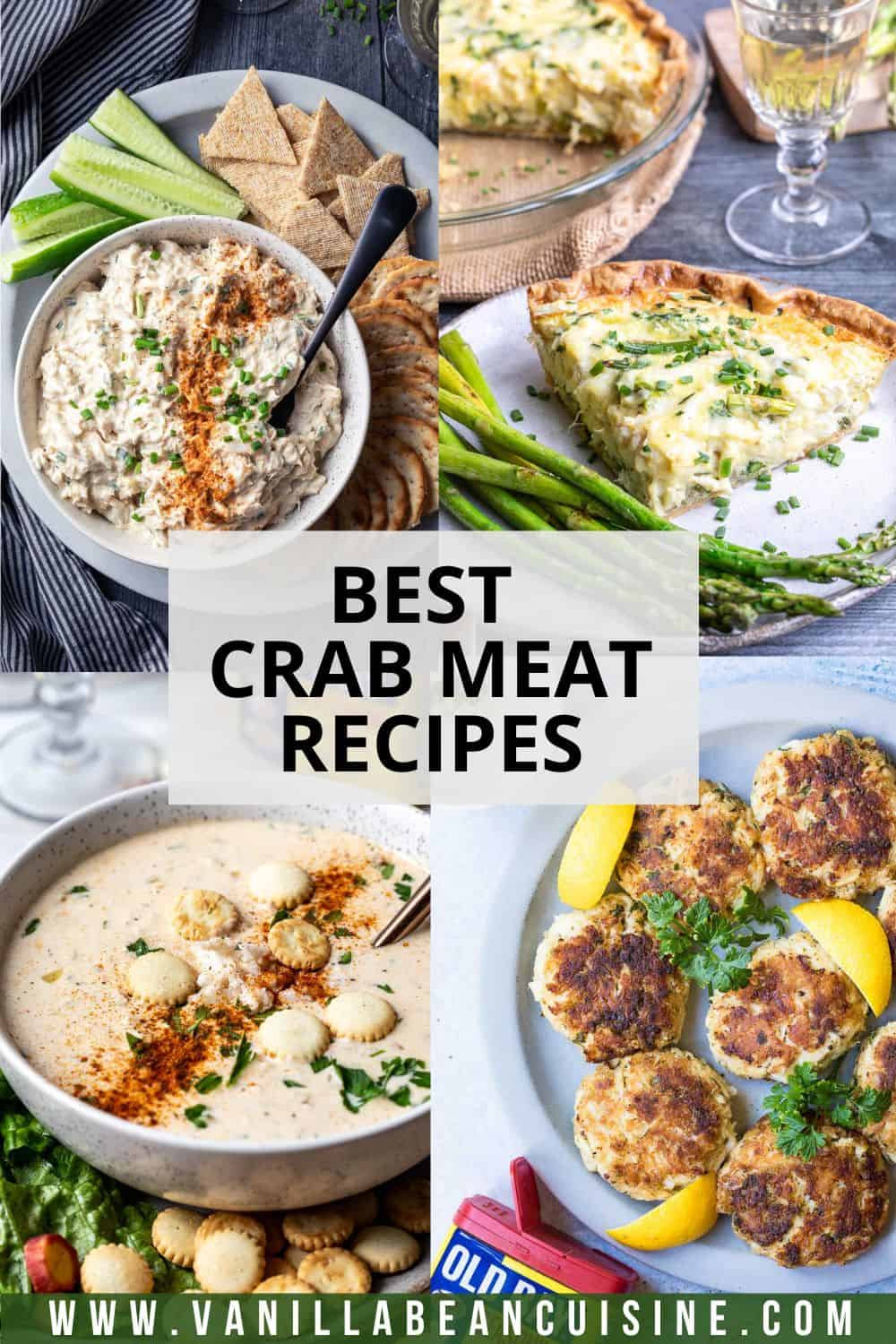 A collage of crab meat recipes including dip with crackers, quiche with asparagus, soup with oyster crackers, and crab cakes with lemon wedges. Text reads Best Crab Meat Recipes.