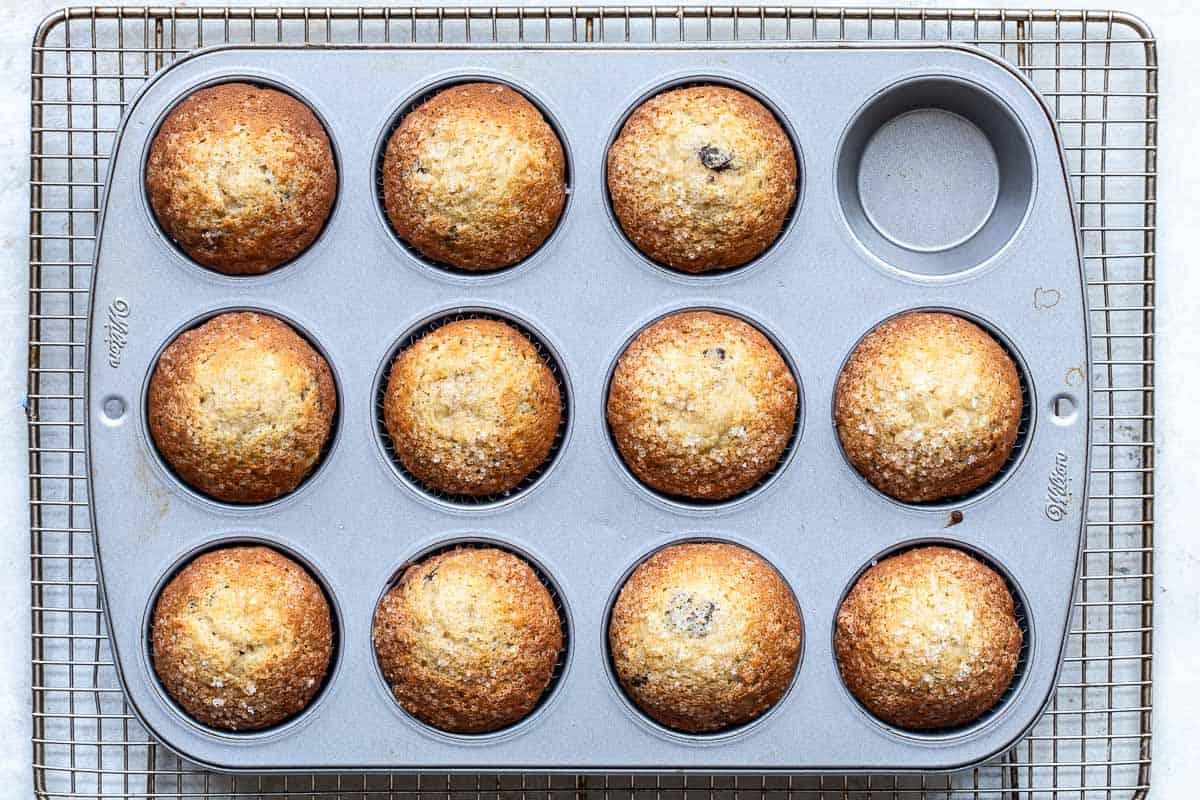 A muffin tin with eleven baked banana chocolate chip muffins, one muffin slot empty, placed on a wire cooling rack.