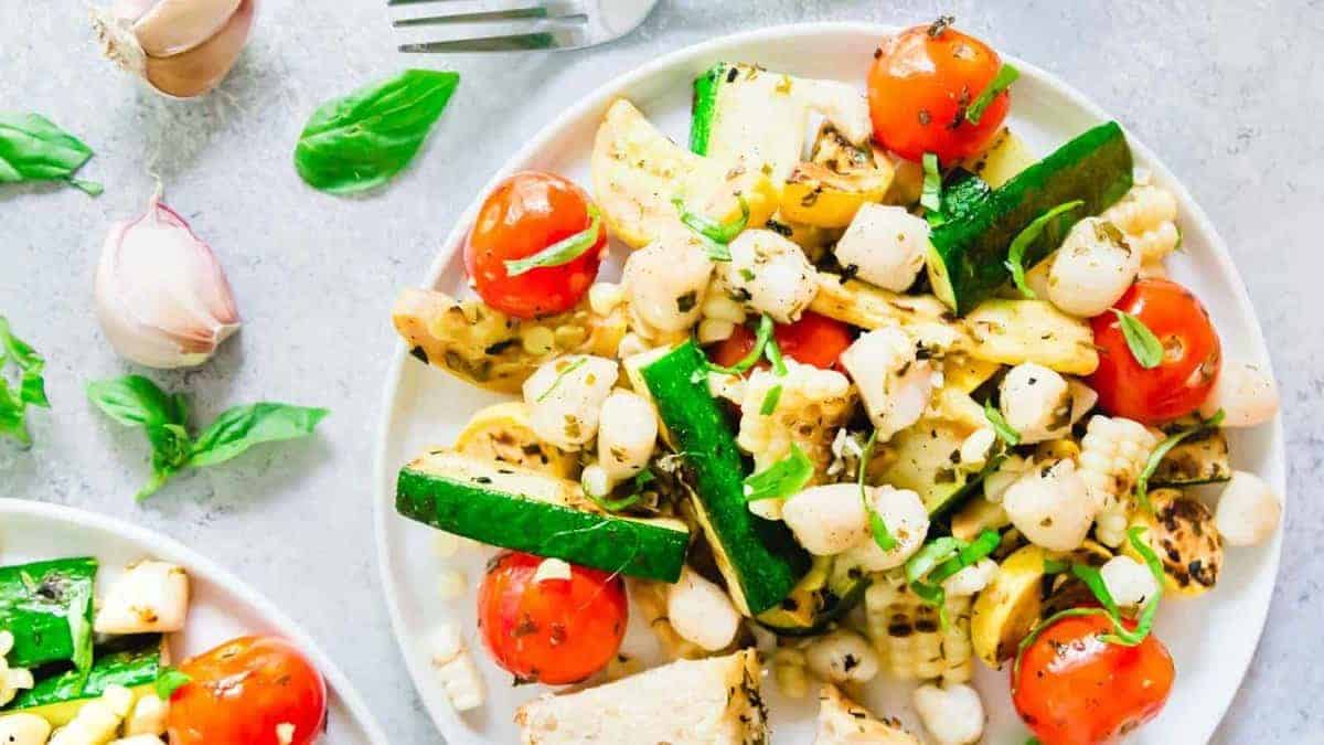 Grilled Bay Scallops with Summer Vegetables