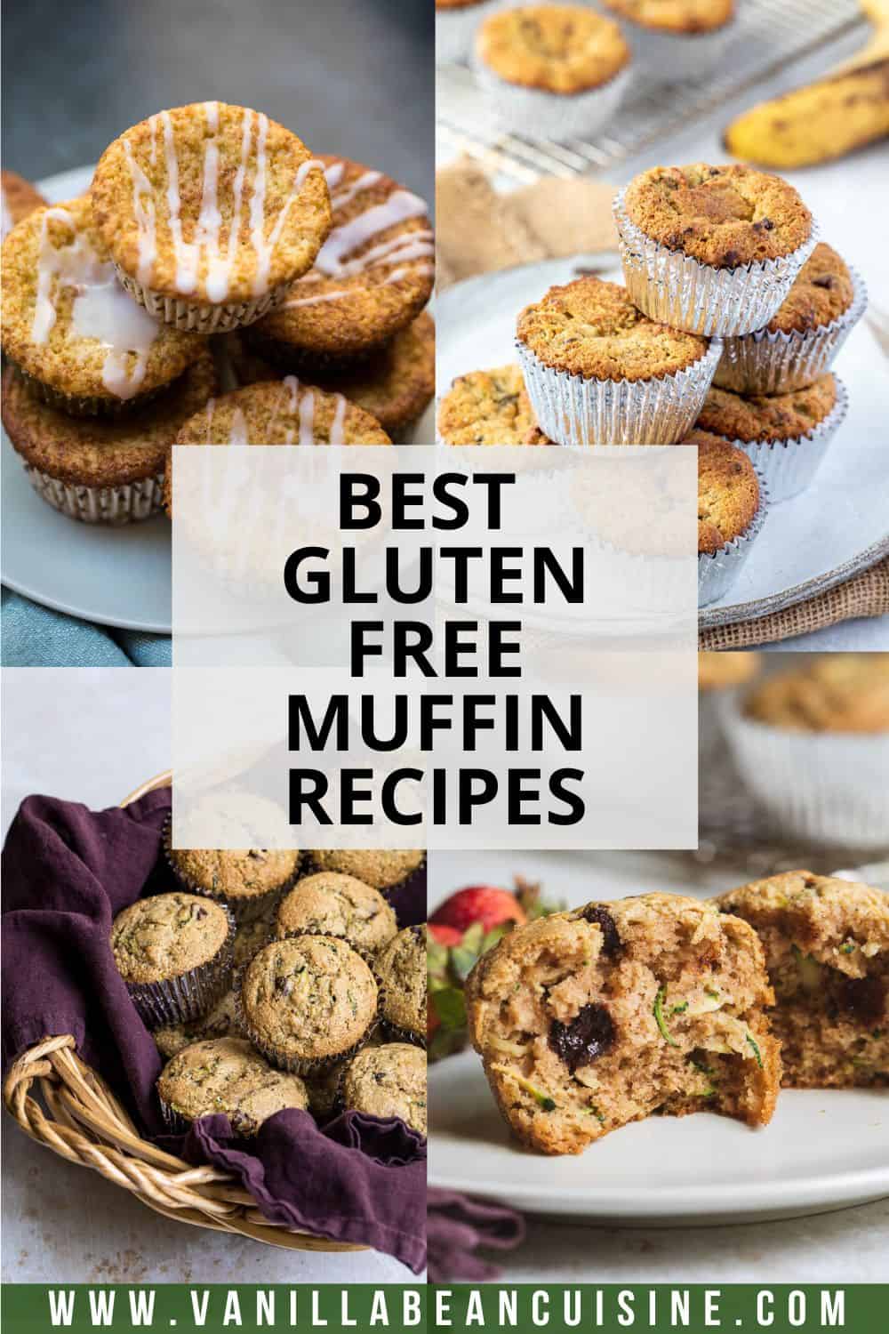 A collage of gluten-free muffins arranged on plates and in a basket, with the text Best Gluten Free Muffin Recipes in the center.