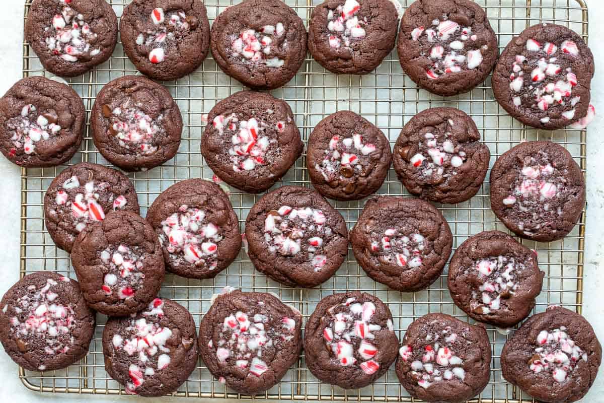 peppermint chocolate cookies on a cooling rack.