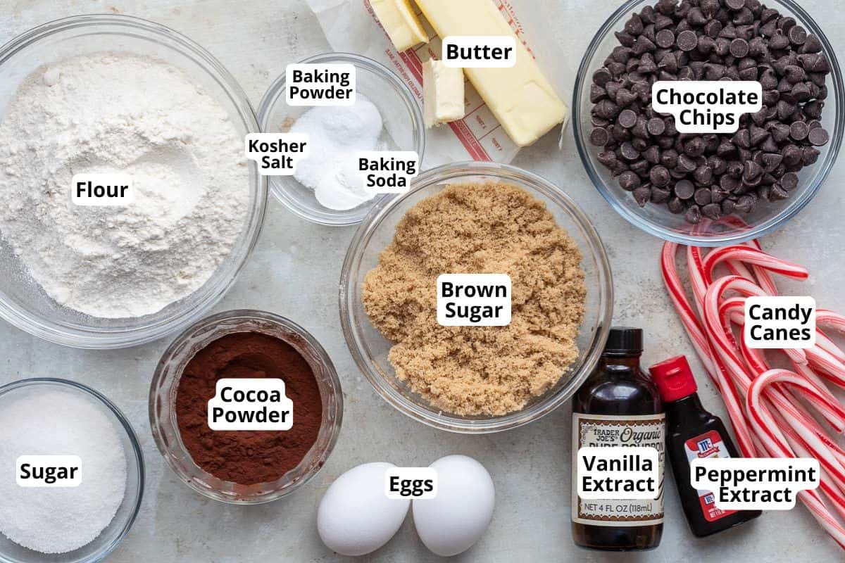 Top-down view of baking ingredients including flour, sugar, cocoa powder, eggs, brown sugar, butter, chocolate chips, candy canes, vanilla and peppermint extract, baking soda, baking powder, and salt.