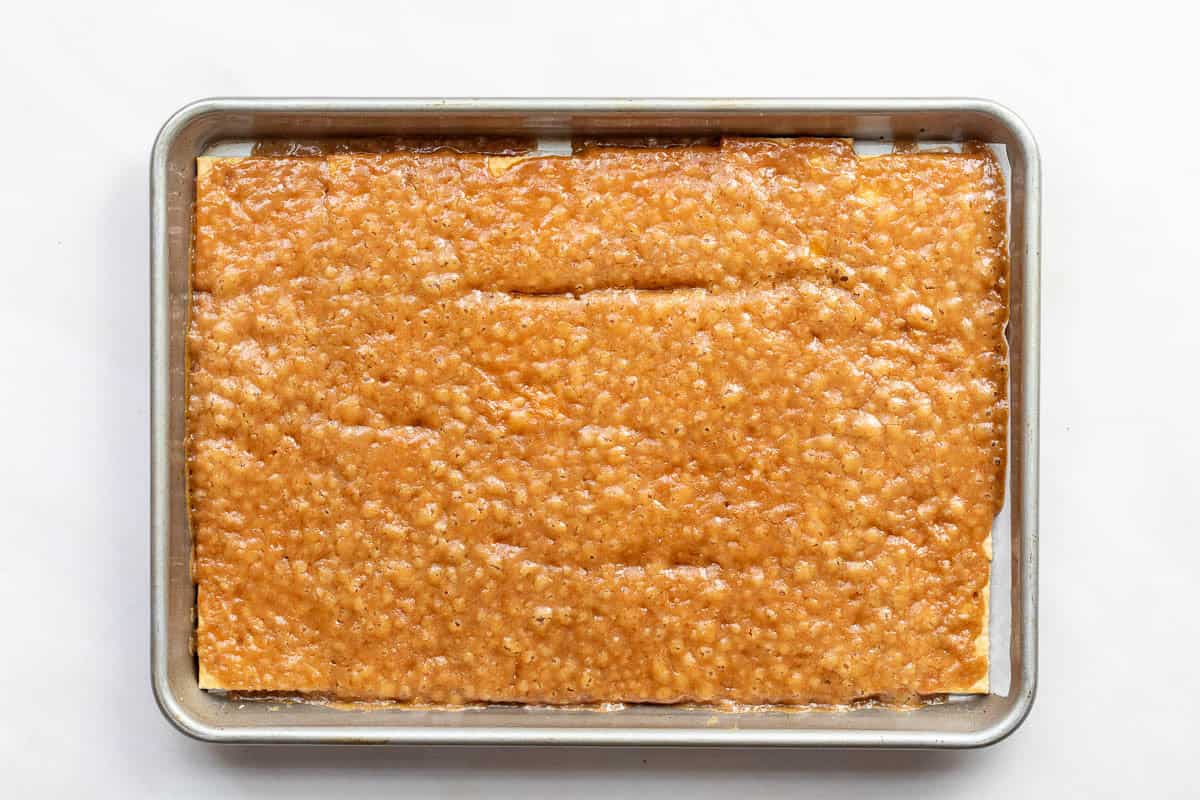 Saltine toffee after baking on sheet pan.