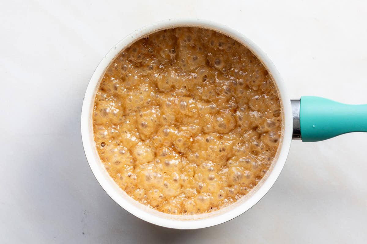 Bubbling toffee in saucepan.