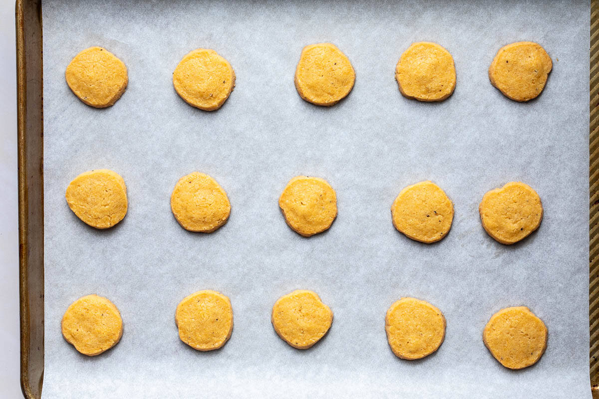 baked cheese sables on sheet pan.