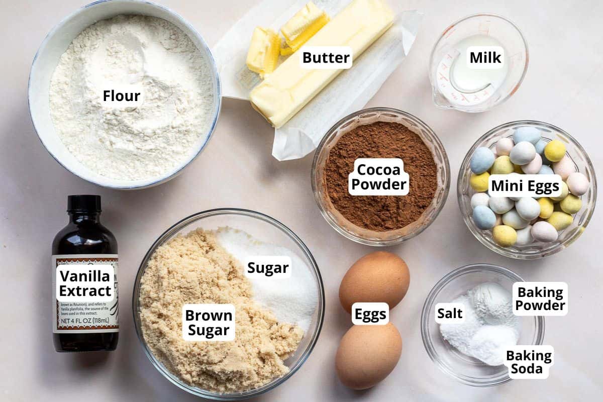 Baking ingredients arranged on a white surface, including flour, butter, milk, cocoa powder, mini eggs, vanilla extract, brown sugar, sugar, eggs, salt, baking powder, and baking soda.