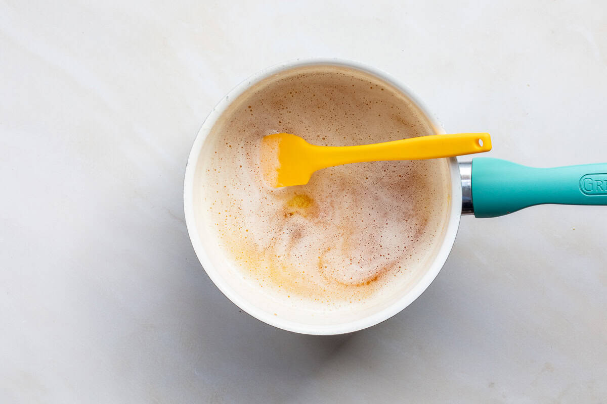 brown butter in saucepan with spatula.