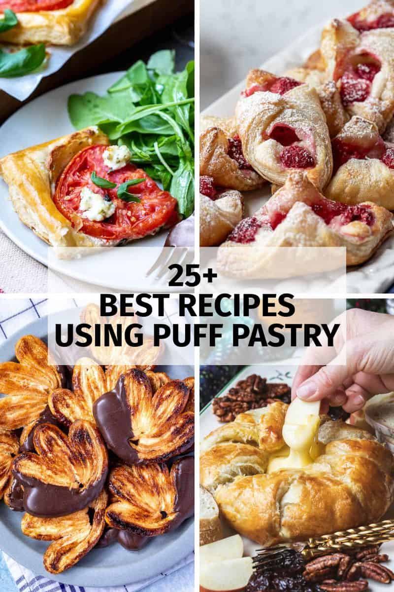 Collage of various puff pastry dishes.